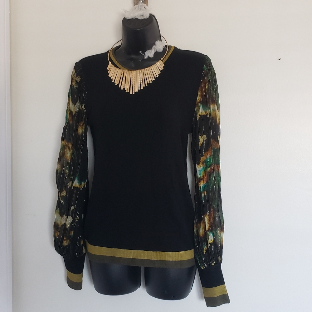 Anthropologie Black Sweater with Multicolor Metallic Puff Sleeves
